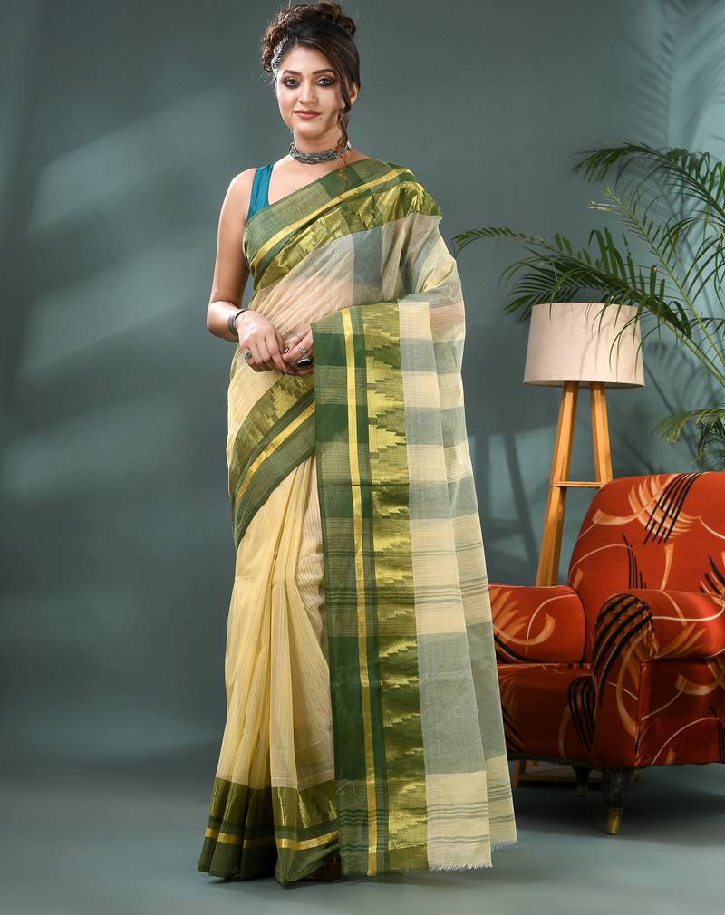 off white cotton handloom sarees with zari temple design tant saree