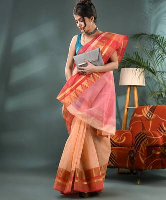 red cotton handloom sarees with zari temple design tant saree 4