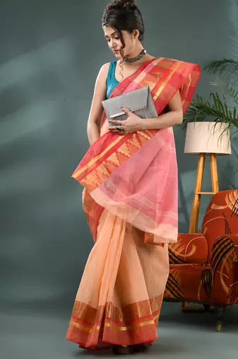red cotton handloom sarees with zari temple design tant saree