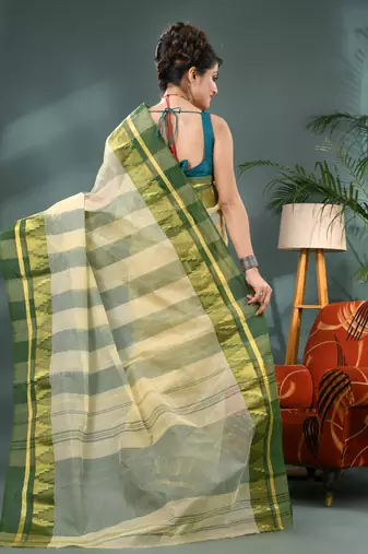 off white cotton handloom sarees with zari temple design tant saree
