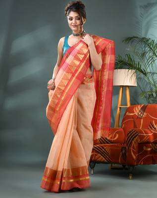 red cotton handloom sarees with zari temple design tant saree 5