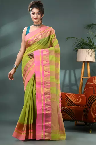 green cotton handloom sarees with zari temple design tant saree
