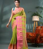green cotton handloom sarees with zari temple design tant saree