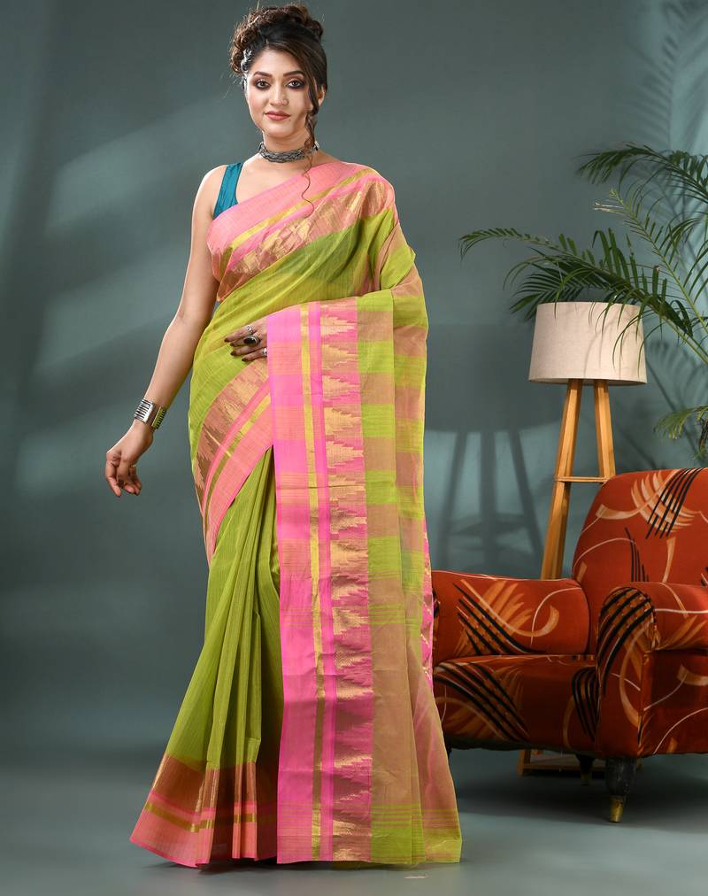 green cotton handloom sarees with zari temple design tant saree