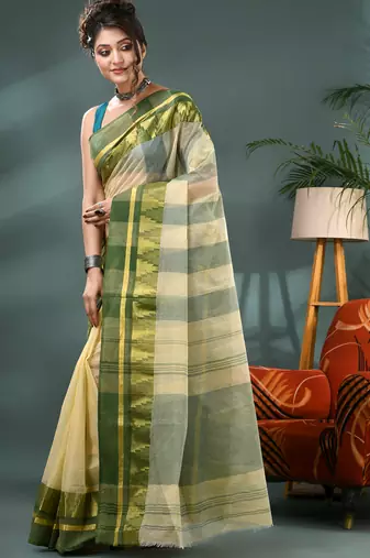 off white cotton handloom sarees with zari temple design tant saree