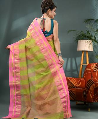 green cotton handloom sarees with zari temple design tant saree 2