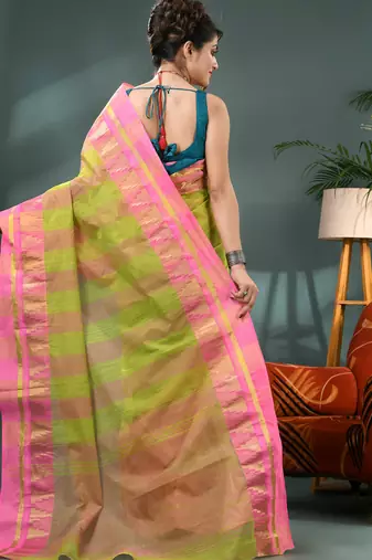 green cotton handloom sarees with zari temple design tant saree