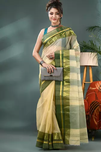 off white cotton handloom sarees with zari temple design tant saree