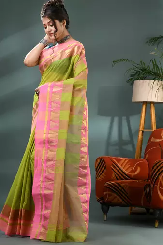 green cotton handloom sarees with zari temple design tant saree
