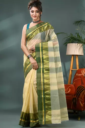 off white cotton handloom sarees with zari temple design tant saree