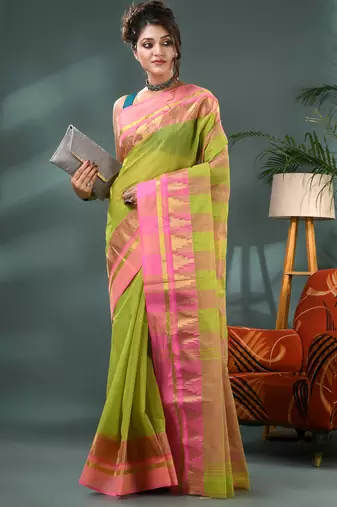 green cotton handloom sarees with zari temple design tant saree