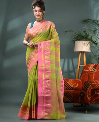 green cotton handloom sarees with zari temple design tant saree 5