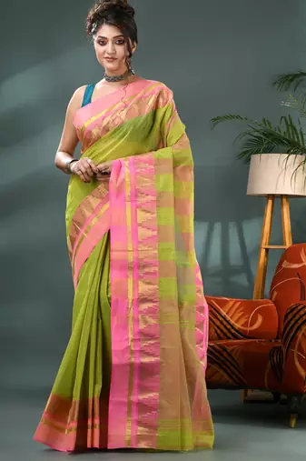 green cotton handloom sarees with zari temple design tant saree