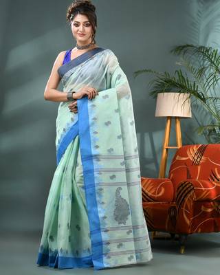 Blue bengali cotton handloom tant saree 1