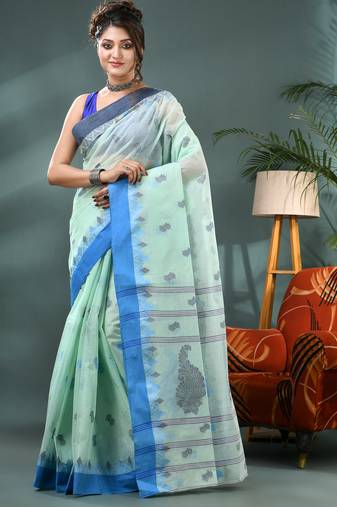 Blue bengali cotton handloom tant saree