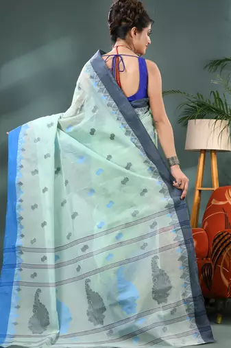 Blue bengali cotton handloom tant saree