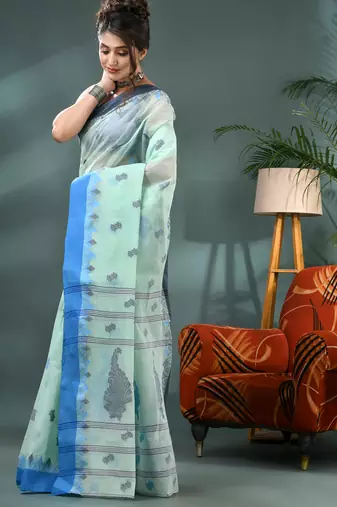 Blue bengali cotton handloom tant saree