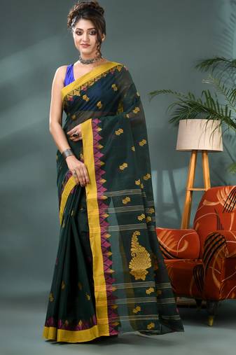 Green bengali cotton handloom tant saree