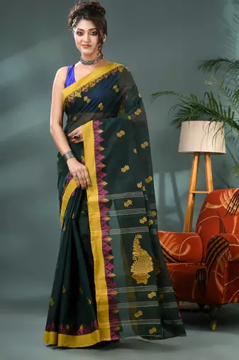 Green bengali cotton handloom tant saree