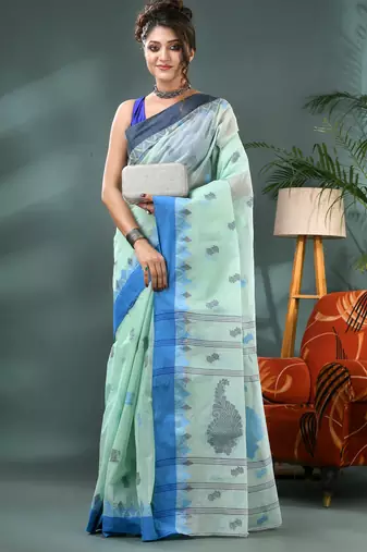 Blue bengali cotton handloom tant saree