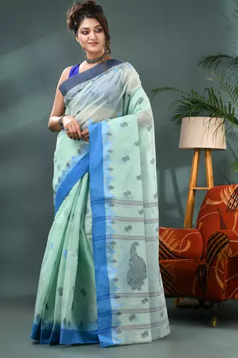 Blue bengali cotton handloom tant saree