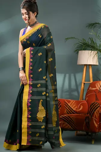 Green bengali cotton handloom tant saree