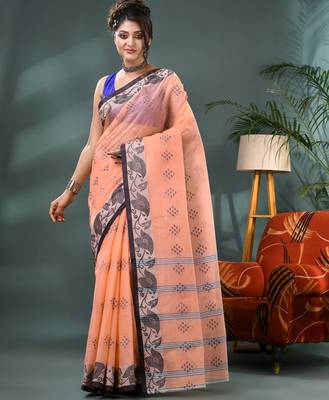 orange bengali cotton handloom tant saree 1