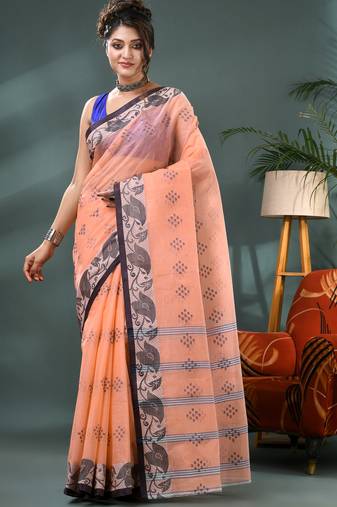 orange bengali cotton handloom tant saree