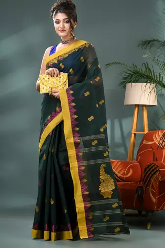 Green bengali cotton handloom tant saree