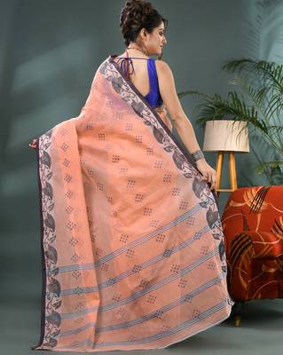 orange bengali cotton handloom tant saree 2