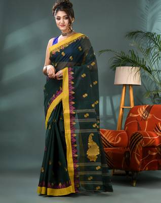 Green bengali cotton handloom tant saree 5
