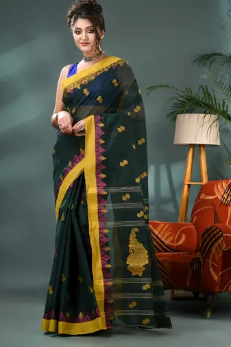 Green bengali cotton handloom tant saree