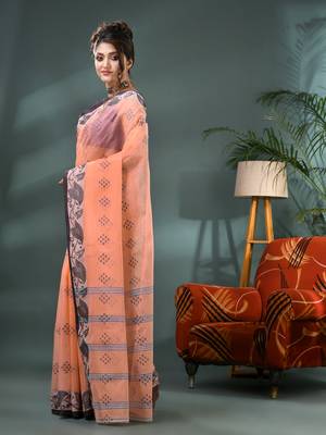 orange bengali cotton handloom tant saree 3