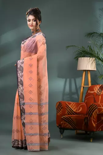 orange bengali cotton handloom tant saree