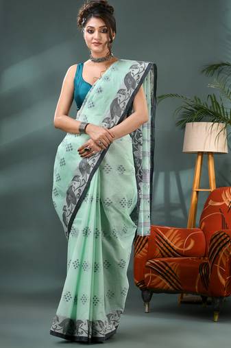 Blue bengali cotton handloom tant saree