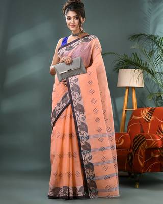 orange bengali cotton handloom tant saree 4