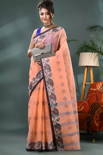 orange bengali cotton handloom tant saree