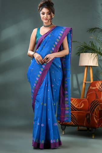 Blue bengali cotton handloom tant saree