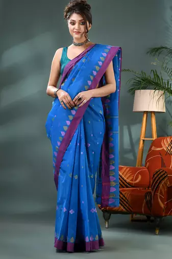 Blue bengali cotton handloom tant saree