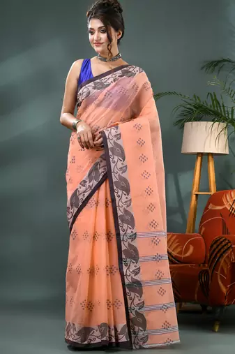 orange bengali cotton handloom tant saree