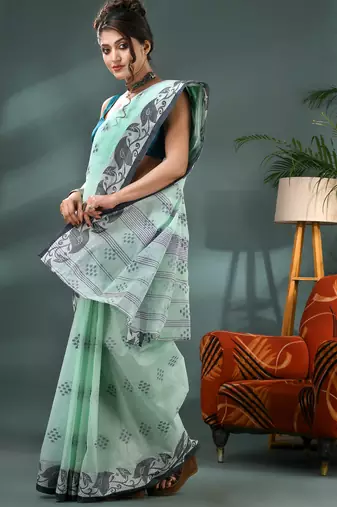 Blue bengali cotton handloom tant saree