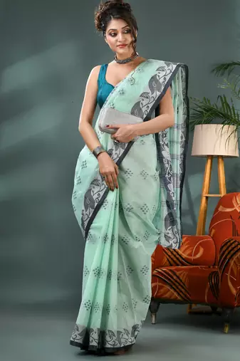 Blue bengali cotton handloom tant saree