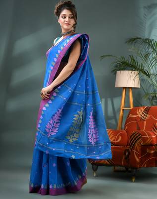 Blue bengali cotton handloom tant saree 3