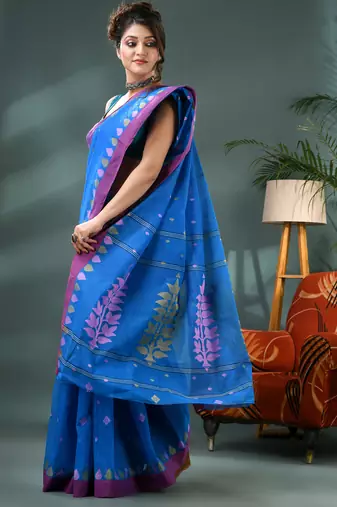 Blue bengali cotton handloom tant saree