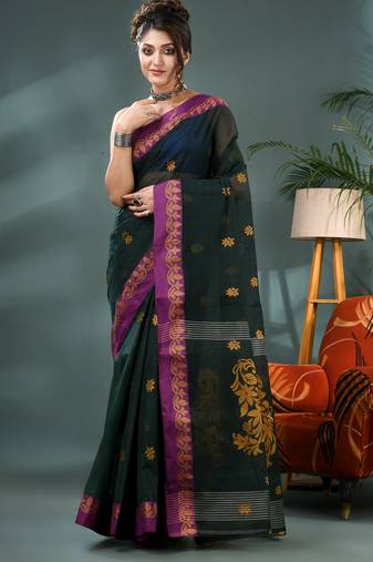 Green bengali cotton handloom tant saree
