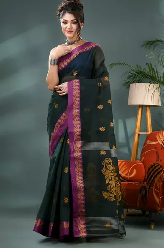 Green bengali cotton handloom tant saree