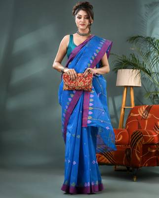 Blue bengali cotton handloom tant saree 4
