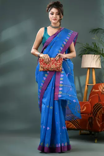 Blue bengali cotton handloom tant saree