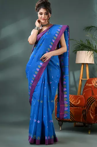 Blue bengali cotton handloom tant saree