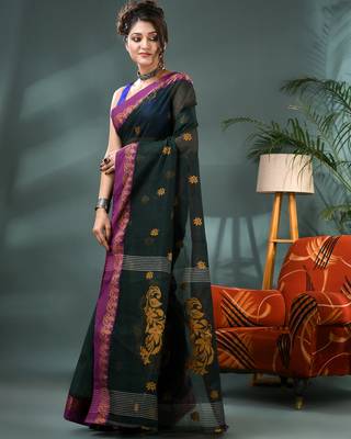 Green bengali cotton handloom tant saree 3